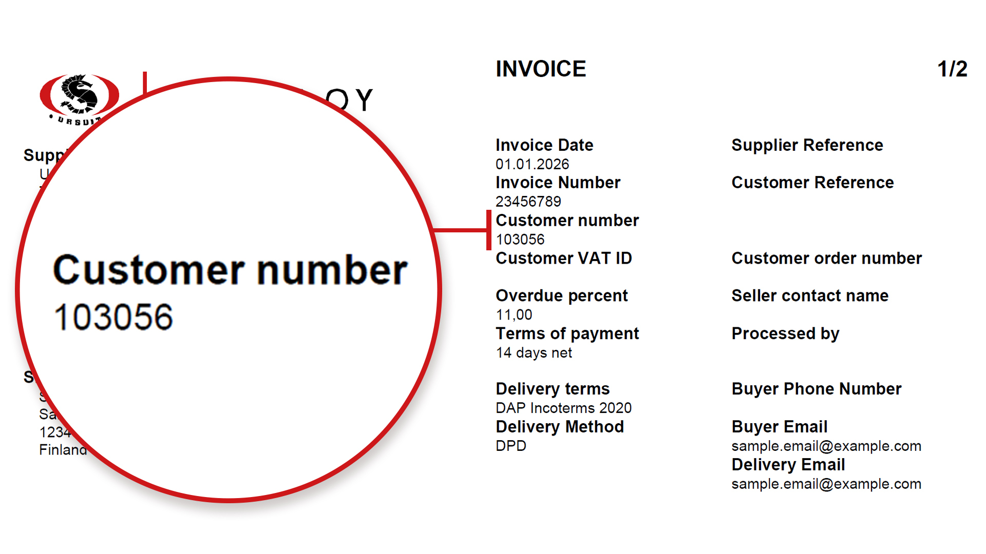 Sample invoice showing where the customer number is located.